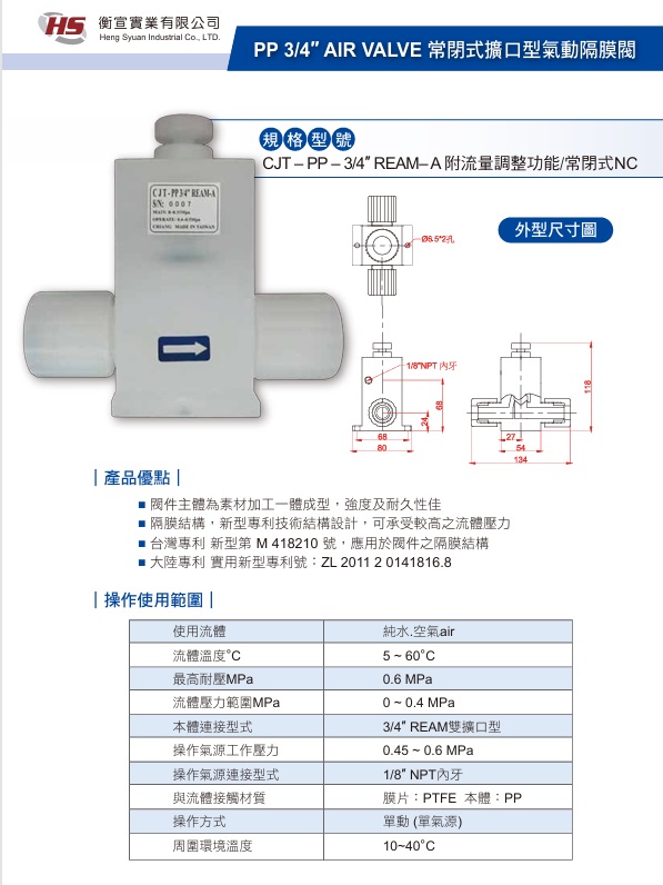AIRVALVE, 常閉式擴口型氣動隔膜閥, 衡宣實業
